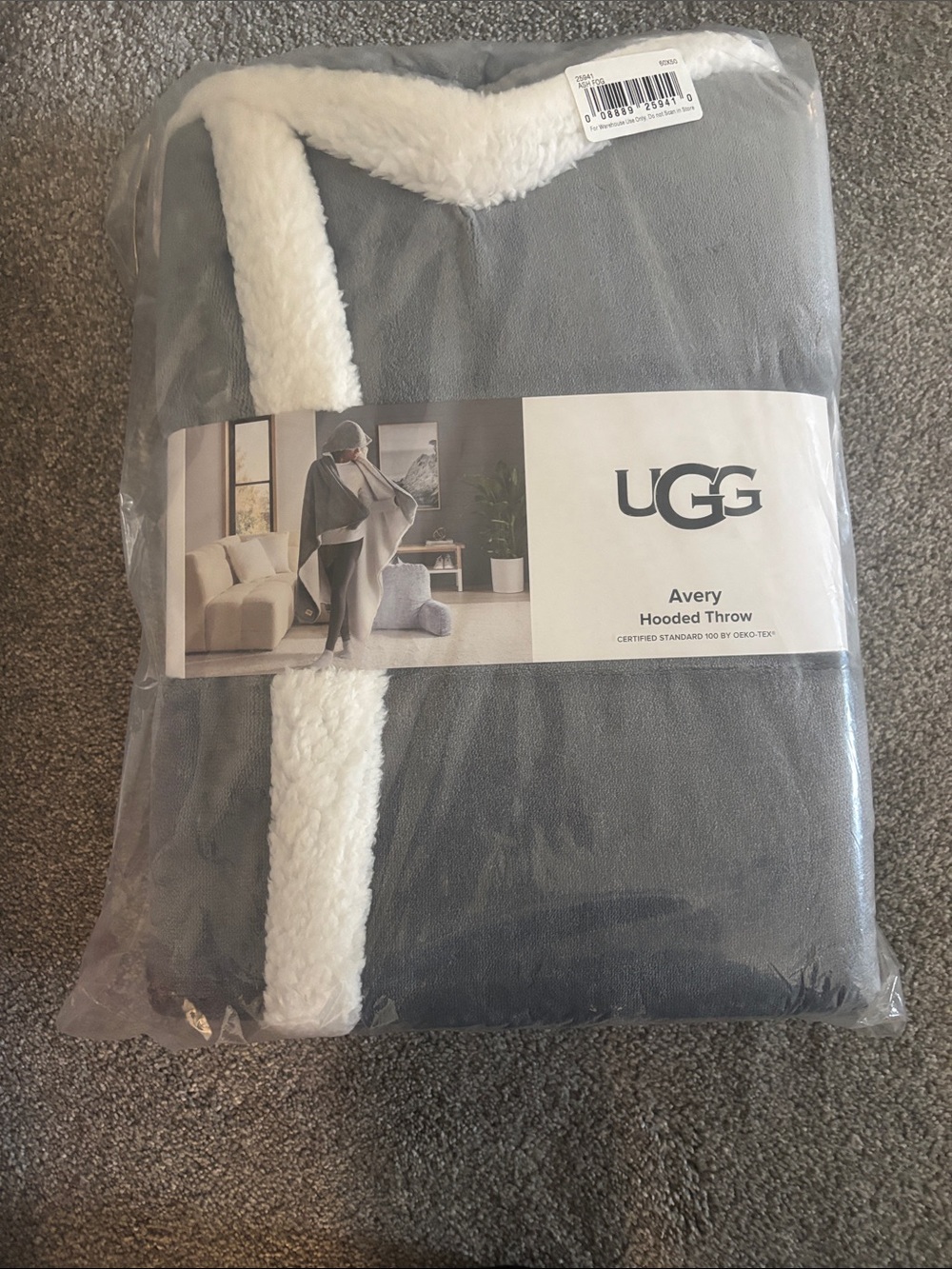 UGG Avery Hooded Throw in Gray with White Sherpa Trim